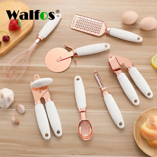 Walfos 7 Pcs Kitchen Gadget Set Copper Coated Stainless Steel Utensils with Soft Touch Rose Gold Garlic Press Pizza Cutter