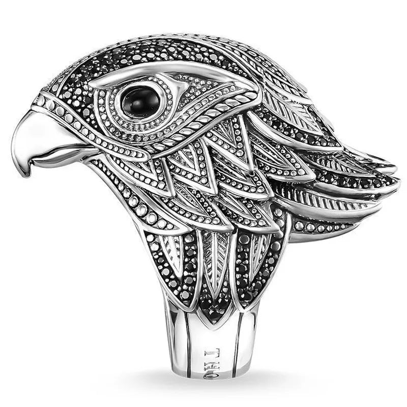 Anillo de águila retro con personalidad, anillo de pájaro de plata tailandés antiguo creativo a la moda para hombre