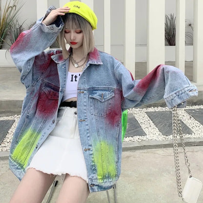 Oversized Lacquer Painted Graffiti Denim Jackets Womens 2023 Autumn Long Sleeve Loose Vintage BF Coats Harajuku Jackets Jeans