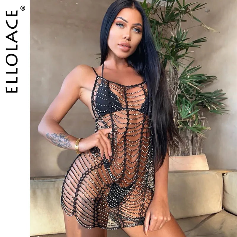 Sexy Hollow Out Mini Dress Summer Crochet Bathing Suit Bikini Swimwear Cover Up Beach Dress Hollow Out One Piece Tops