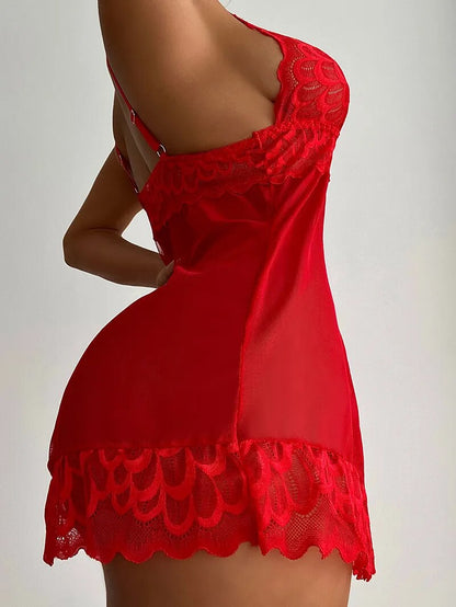 Sexy Sleepwear Deep-V Night Dress Women Sleeping Nightgown Red Lace Nightie Lingerie Sleeveless Mini Dress Homewear