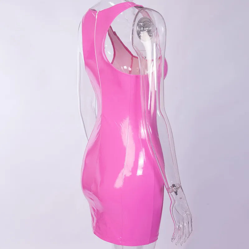 Vestido ajustado de cuero rosa para mujer, minivestido Sexy ajustado sin mangas con cuello cuadrado y PU para fiesta en club nocturno de verano