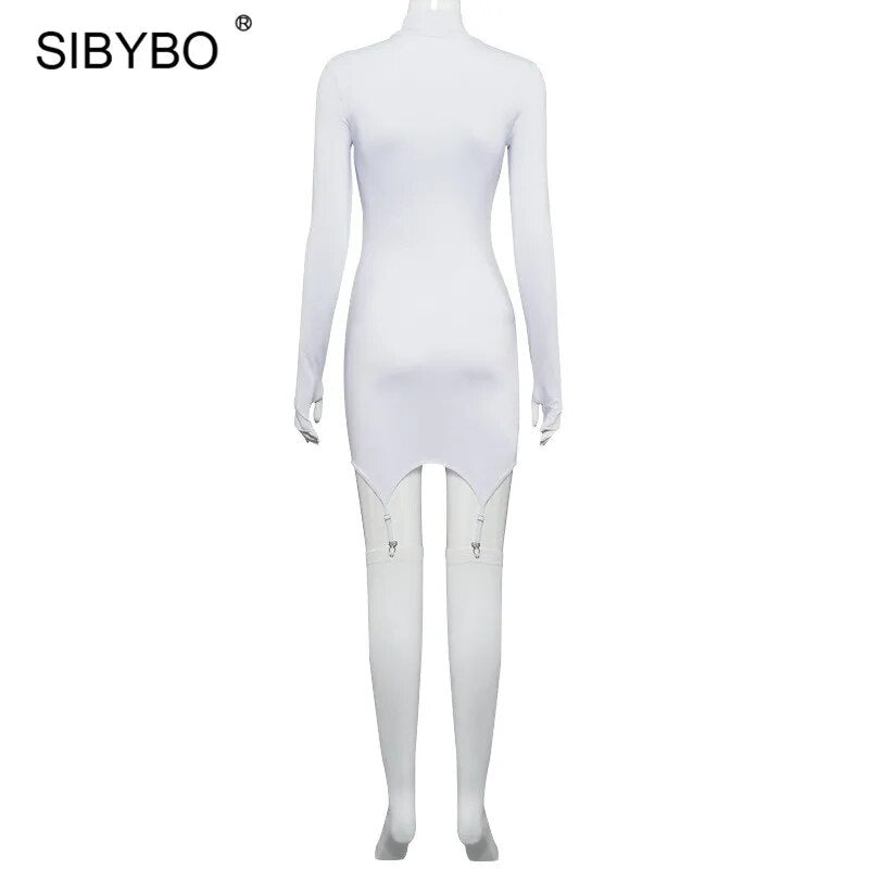 SIBYBO calcetines negros con gancho vestido ceñido al cuerpo mujer otoño manga larga cuello alto Mini Vestidos con guantes mujeres Sexy Vestidos de fiesta