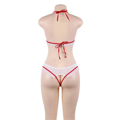 Comeondear-Disfraz de enfermera, lencería Cosplay, Body transparente para mujer, lencería de peluche con entrepierna abierta, trajes sexys de talla grande con cuello Halter