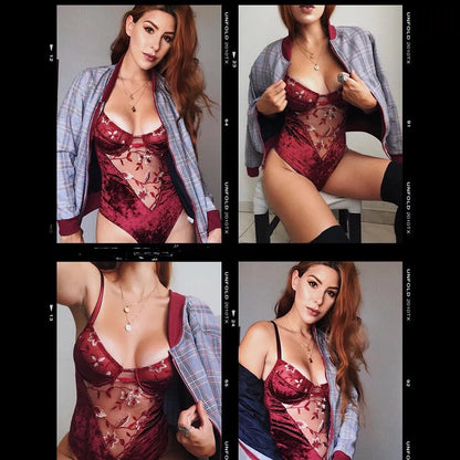 Velvet Bodysuit Women Floral Embroidery Overalls for Women Lace Patchwork Bodys Sexy Lace Bodysuit Dropshipping