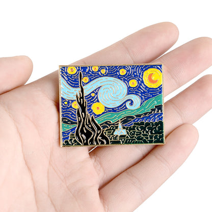 Van-Gogh-Gemälde, ruhiger Sternenhimmel, Mondnacht, Kunstwerk, Broschen für Künstlerfreunde, romantischer Dorfbaum, Naturlandschaft, Schmuck, das Alien-Zeug 