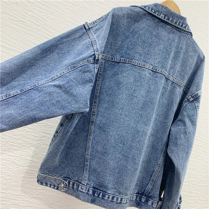 Hip Hop Streetwear All-passende Mode Perlen Diamanten Denim Jacke frauen Herbst Lose Drei Dimensionale Dekoration Mantel