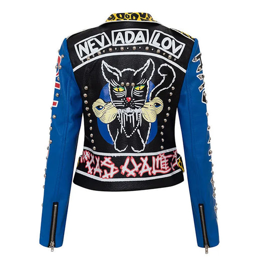 Spring Faux Leather High Waist Jacket  Women Graffiti Leopard Pattern Rivet Motorcycle Clothing