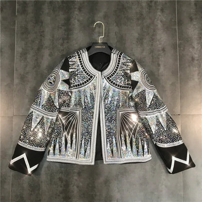 Women Shiny Jacket 2023 Silver Sequins Geometric Bomber Jackets O Neck Nationality Embroid Coat Casual Outerwear Female Clothing