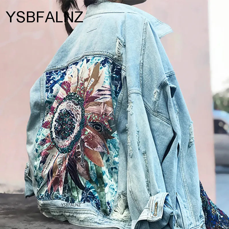 Frauen Denim Jacke Feminine Frühling Herbst Boho Pailletten Blumen Applikationen Stickerei Mantel Langarm Oberbekleidung Weibliche Veste Femme