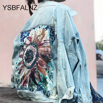 Women Denim Jacket Feminine Spring Autumn Boho Sequin Floral Appliques Embroidery Coat Long Sleeve Outerwear Female Veste Femme