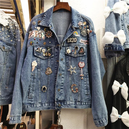 Hip Hop Streetwear All-passende Mode Perlen Diamanten Denim Jacke frauen Herbst Lose Drei Dimensionale Dekoration Mantel