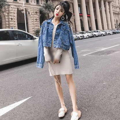 Frühling Mäntel Und Jacken Frauen Korea Süße Perle Dekor Denim Jacke Kurze Jacke Perlen Langarm Casual Taschen Lose Kleidung