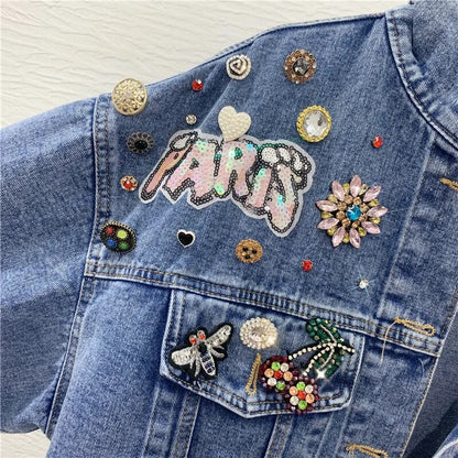 Hip Hop Streetwear All-passende Mode Perlen Diamanten Denim Jacke frauen Herbst Lose Drei Dimensionale Dekoration Mantel