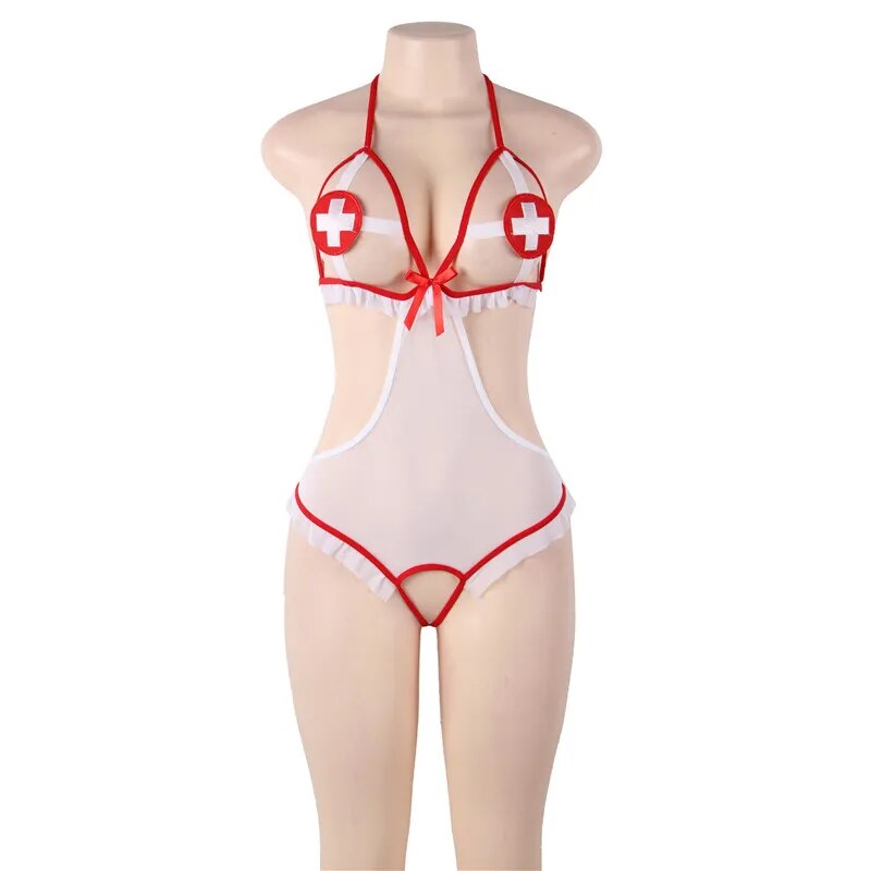 Comeondear Nurse Costume Cosplay Lingerie Women Bodysuit Transparent Teddy Lingerie Open Crotch Halter Plus Size Sexy Suits