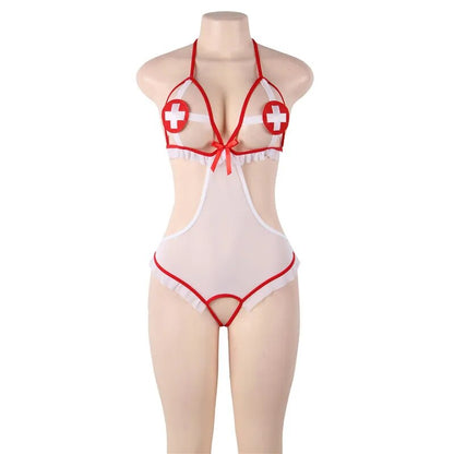 Comeondear Krankenschwester-Kostüm, Cosplay, Dessous, Damen-Body, transparent, Teddy-Dessous, offener Schritt, Neckholder, Übergröße, sexy Anzüge