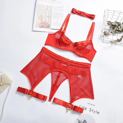 Four-Piece Set  Lingerie Transparent Bra Kit Push Up See Through Lace Langerie Mesh Seamless Underwear Garters