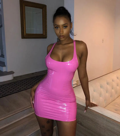 Pink TANK Leather Slim Dress Women Summer Nightclub Party Sexy Sleeveless Slim Square Collar Street Bodycon PU Mini Pencil Dress