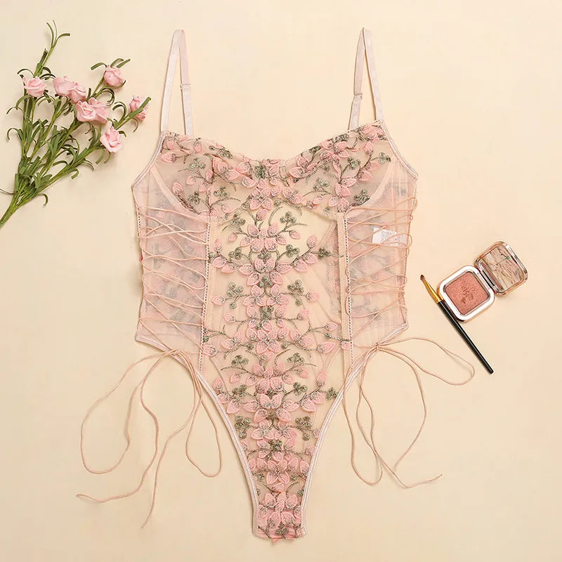 Body con bordado Floral para mujer, cuerpos con cordones, Sexy, sin mangas, ceñido al cuerpo, lencería transparente, bodis de malla, Top