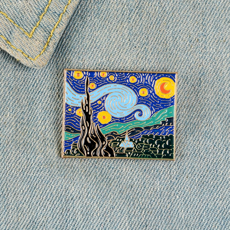 Pinturas de Van Gogh Tranquilo Cielo estrellado Luna Noche Obra de arte Broches para artistas Amigos Pueblo romántico Árbol Paisaje natural Joyería The Alien Stuff 