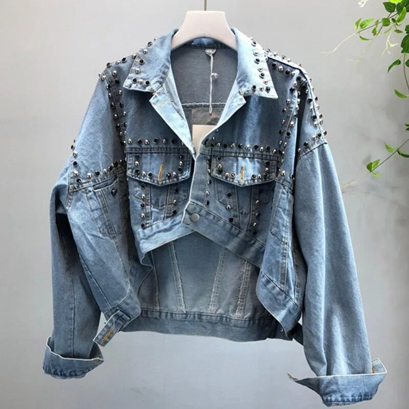 Weibliche Oberbekleidung Mode Mit Nieten Diamant Denim Jacke Frauen Kleidung Kurze Schlanke Unregelmäßige Denim Mantel Frauen Chaqueta De Mezclilla