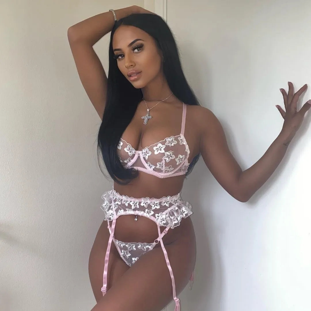 Floral Sinnliches Dessous Spitze Stickerei Unterwäsche Set 3 Stück Push Up BH Intim Transparent Bilizna Set