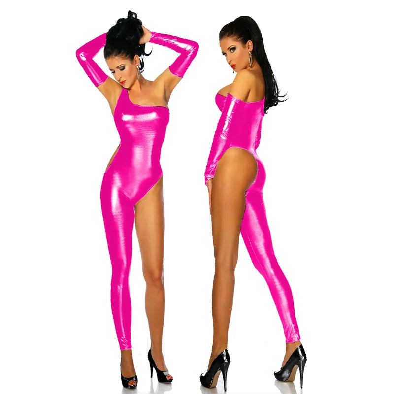 Novelty Women Nightclub Pole Dancing Costume Sexy One Leg And One Shoulder Jumpsuit Shiny Metallic Skinny Bodysuit With Gloves