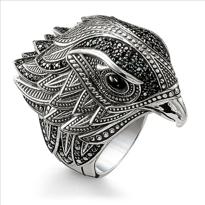 Anillo de águila retro con personalidad, anillo de pájaro de plata tailandés antiguo creativo a la moda para hombre