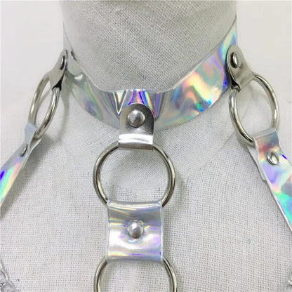 Holographische PU Zwei Stück Set Strumpfband Aushöhlen Halsband Abdeckung Up Crop Top Verstellbare Taille Kette Musik Festival Dame Hot strumpfbänder