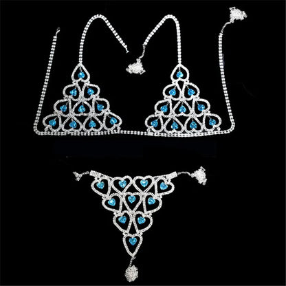 Fashion Bikini Heart Body Jewelry for Women Lingerie Chain Bling New Rhinestone Harness Sexy Bra Thong 2pcs/Set Wholesale