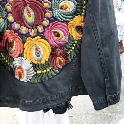 Vintage Übergroße Multi Floral bestickte Jeansjacke Damen Cowboy Langarm Revers Lässiger Jeansmantel Streetwear Outwear