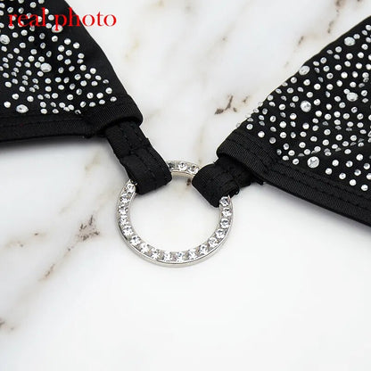 Conjunto de sujetador de ropa interior con diamantes para mujer, conjunto de fiesta con escote en V profundo, conjuntos de sujetador con cuello Halter para mujer, Bralette y Tanga de 2 piezas, moda en negro y blanco