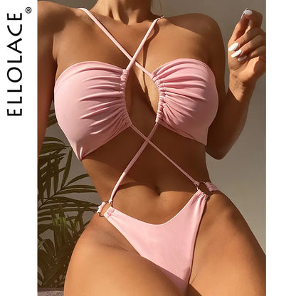 Halter cruzado traje de baño de una pieza 2022 NUEVO Micro Bikini Toe Traje de baño fruncido Trikini Bandeau Monokini Ropa de playa sexy