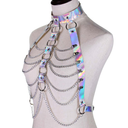 Holographische Leder Körper Kette Harness Top Punk Frauen Holo Regenbogen Taille Schmuck Festival Rave Outfit