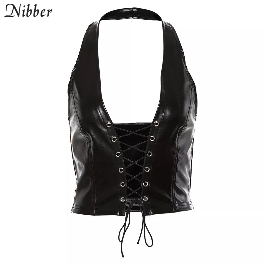 Nibber Sexy Punk Y2K Black PU Leather Crop Top Womens Backless Camisole 2022 Summer Vest Fashion Club Wear Tank Tops