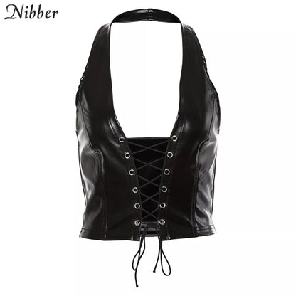 Nibber-Top corto Sexy Punk Y2K para mujer, Top corto de cuero PU negro, camisola con espalda al aire, chaleco de verano, ropa de moda para discoteca, camisetas sin mangas 2022