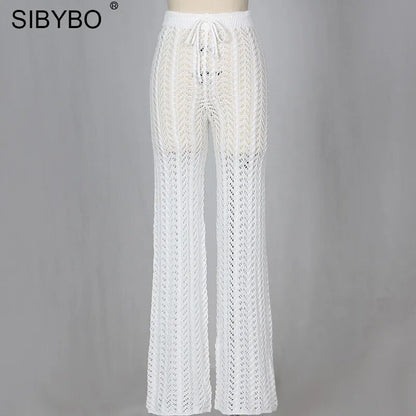 Sibybo Hollow Out Knitted High Waist Sexy Pants Women Fashion Crochet Loose Autumn Trousers Women Cotton Casual Ladies Pants