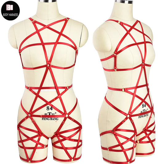 Wanita Goth Pentagram Body Harness Set Punk Pole Dance Harness Bra Rave Pentagram Leg Garter Belt  Sexy Lingerie Body Cage