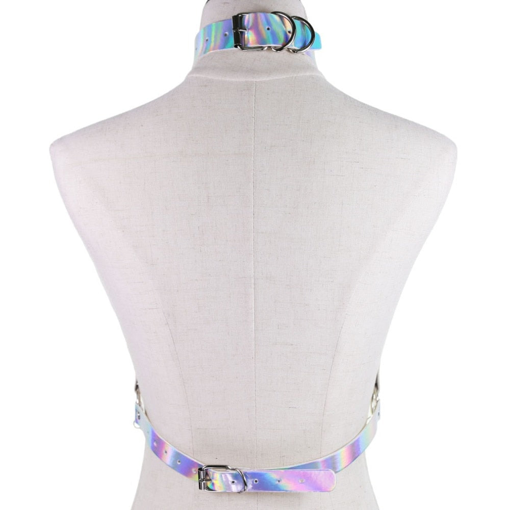 Holographische Leder Körper Kette Harness Top Punk Frauen Holo Regenbogen Taille Schmuck Festival Rave Outfit