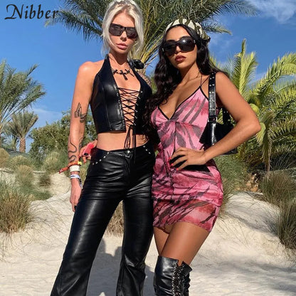 Nibber Sexy Punk Y2K Black PU Leather Crop Top Womens Backless Camisole 2022 Summer Vest Fashion Club Wear Tank Tops