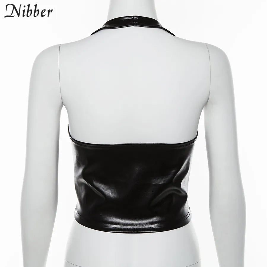 Nibber Sexy Punk Y2K Black PU Leather Crop Top Womens Backless Camisole 2022 Summer Vest Fashion Club Wear Tank Tops