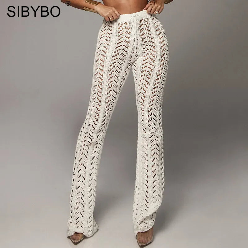 Sibybo Aushöhlen Gestrickte Hohe Taille Sexy Hosen Frauen Mode Häkeln Lose Herbst Hosen Frauen Baumwolle Casual Damen Hosen