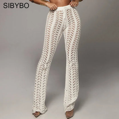 Sibybo, pantalones sexis de punto con agujeros de cintura alta, pantalones holgados de ganchillo a la moda para mujer, pantalones informales de algodón para mujer para otoño