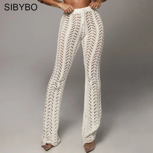 Sibybo Hollow Out Knitted High Waist Sexy Pants Women Fashion Crochet Loose Autumn Trousers Women Cotton Casual Ladies Pants