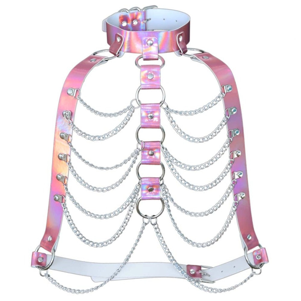 Holographische Leder Körper Kette Harness Top Punk Frauen Holo Regenbogen Taille Schmuck Festival Rave Outfit