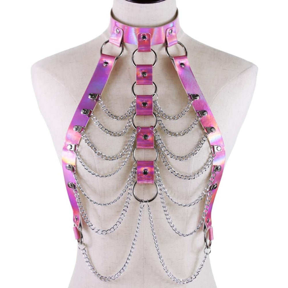 Holographische Leder Körper Kette Harness Top Punk Frauen Holo Regenbogen Taille Schmuck Festival Rave Outfit