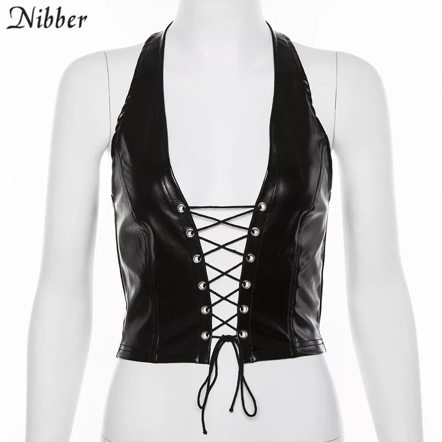 Nibber Sexy Punk Y2K Schwarz PU Leder Crop Top Damen Rückenfreies Leibchen 2022 Sommer Weste Fashion Club Tragen Tank Tops