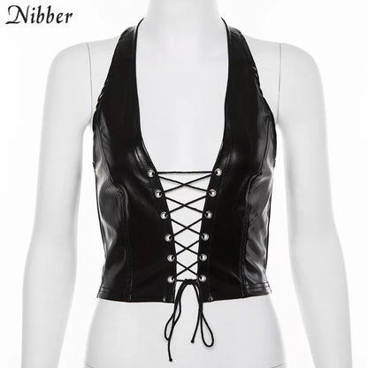 Nibber Sexy Punk Y2K Black PU Leather Crop Top Womens Backless Camisole 2022 Summer Vest Fashion Club Wear Tank Tops