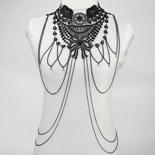 Schwarze Spitze Körperkette Schmuck Damen Cosplay Halloween Kostüme Weibliche Goth Accessoires