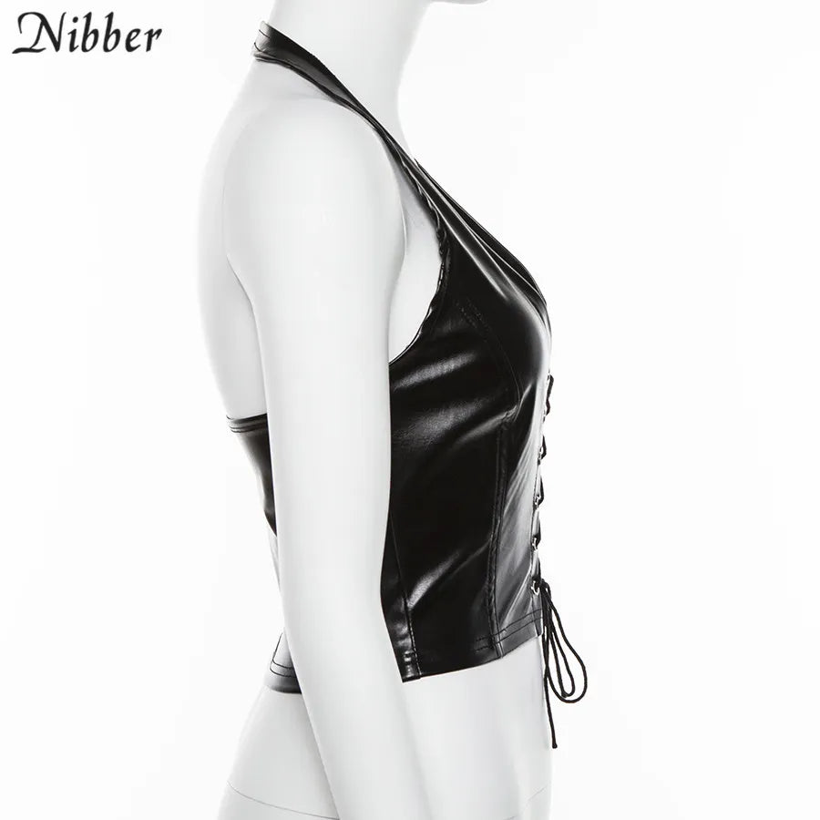 Nibber Sexy Punk Y2K Schwarz PU Leder Crop Top Damen Rückenfreies Leibchen 2022 Sommer Weste Fashion Club Tragen Tank Tops